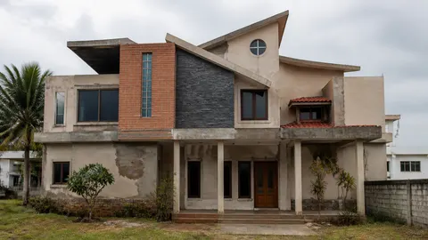 Rumah dua lantai dengan beragam bentuk atap dan beberapa pelapis fasad