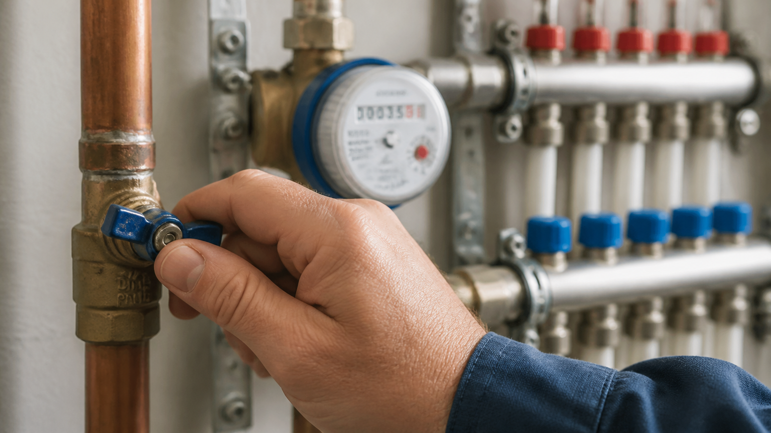 Tangan memutar katup biru di samping meter air dan manifold