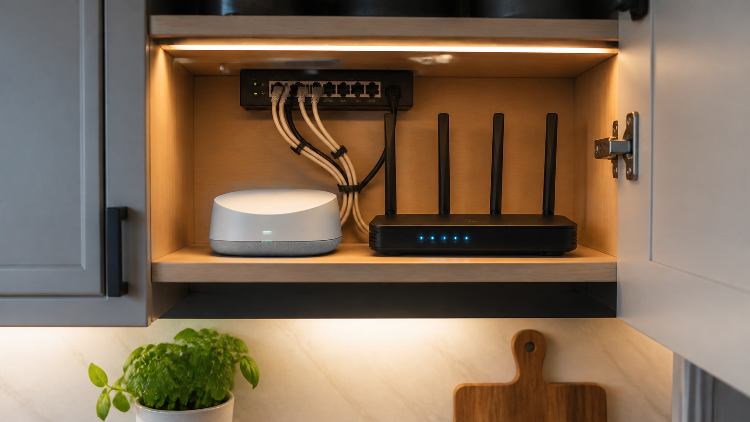Perangkat jaringan dan kabel tersusun dalam kabinet dapur terbuka Perangkat jaringan dan kabel tersusun dalam kabinet dapur terbuka