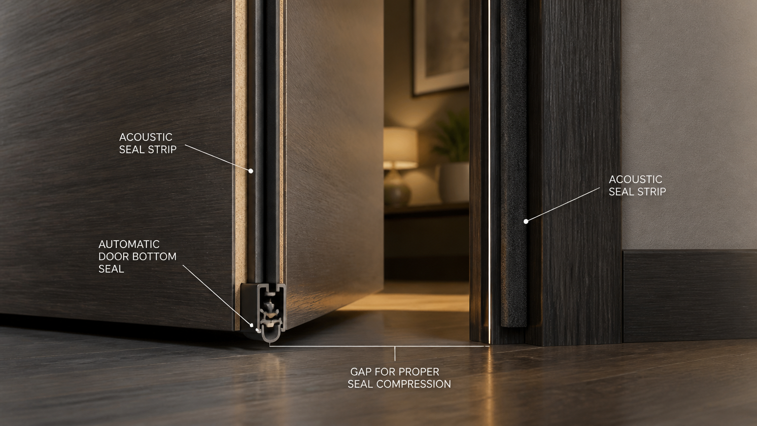 Diagram detail perapat pada sisi dan bagian bawah pintu ruang kerja