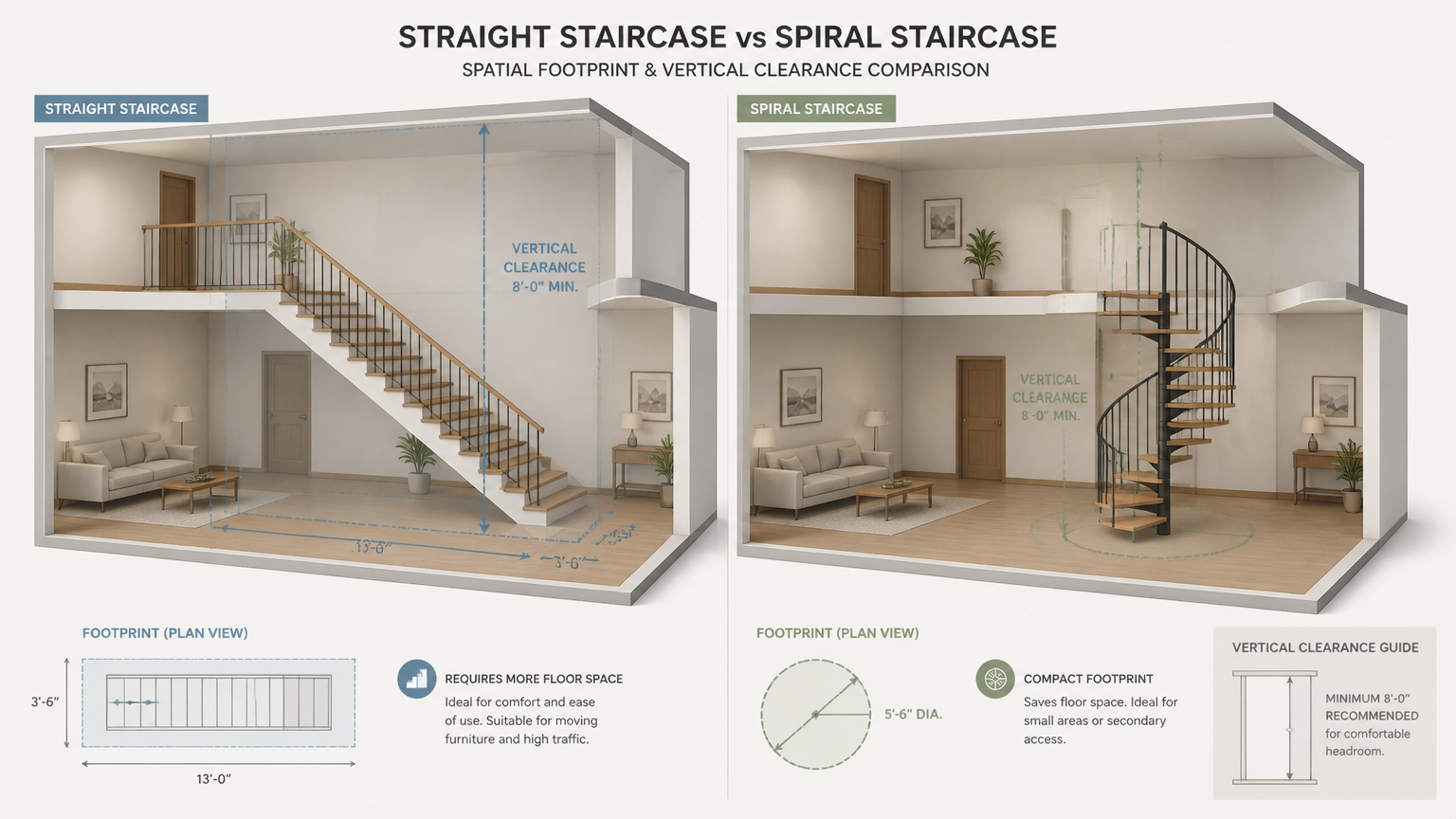 Diagram perbandingan tangga lurus dan tangga spiral beserta jejak denahnya