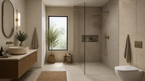 Kamar mandi dengan variasi tekstur dinding dan partisi kaca pada area pancuran