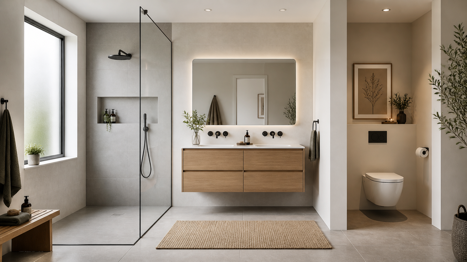 Kamar mandi dengan area pancuran berkaca, kabinet wastafel, dan toilet terpisah Kamar mandi dengan area pancuran berkaca, kabinet wastafel, dan toilet terpisah