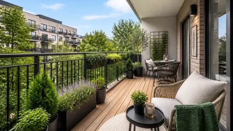 Balkon berlantai papan dengan kursi rotan dan deretan tanaman di pagar