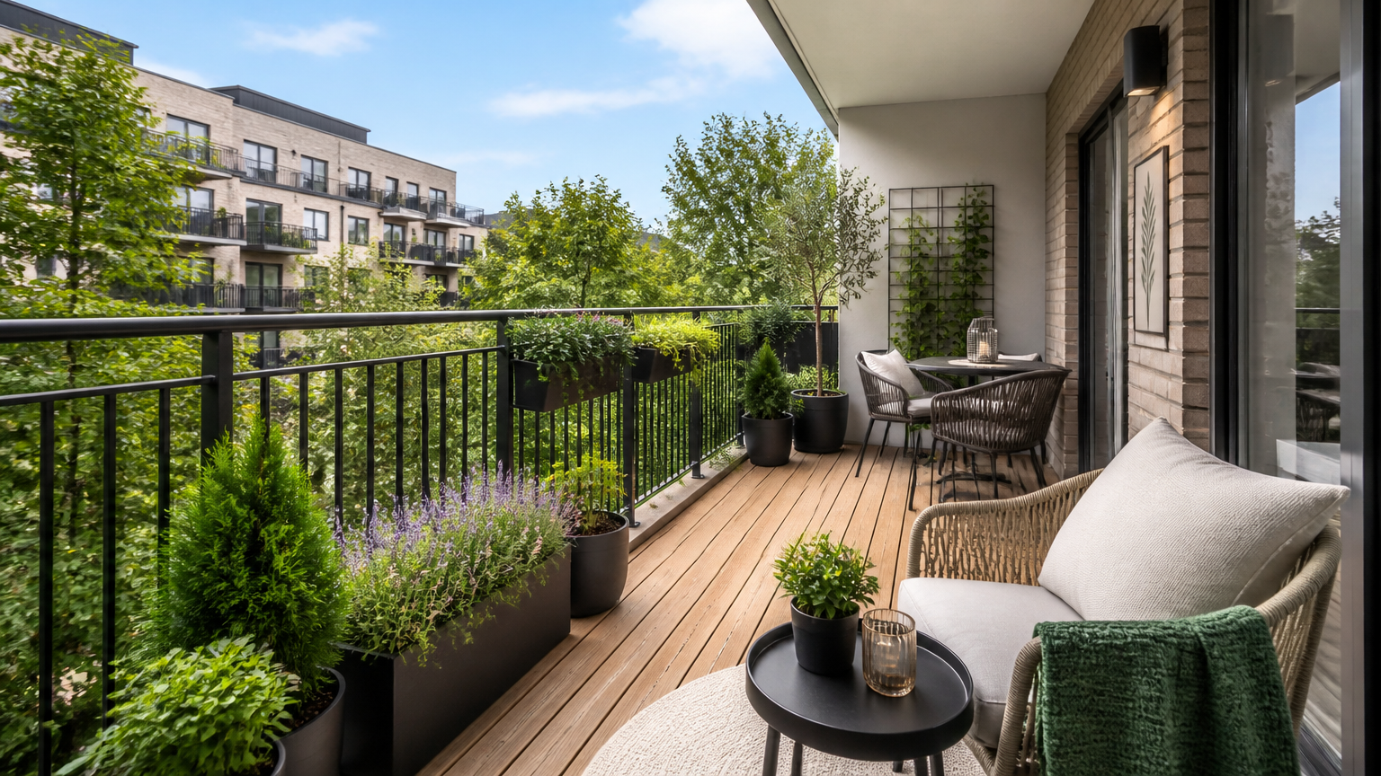 Balkon dengan lantai papan Balkon berlantai papan dengan kursi rotan dan deretan tanaman di pagar