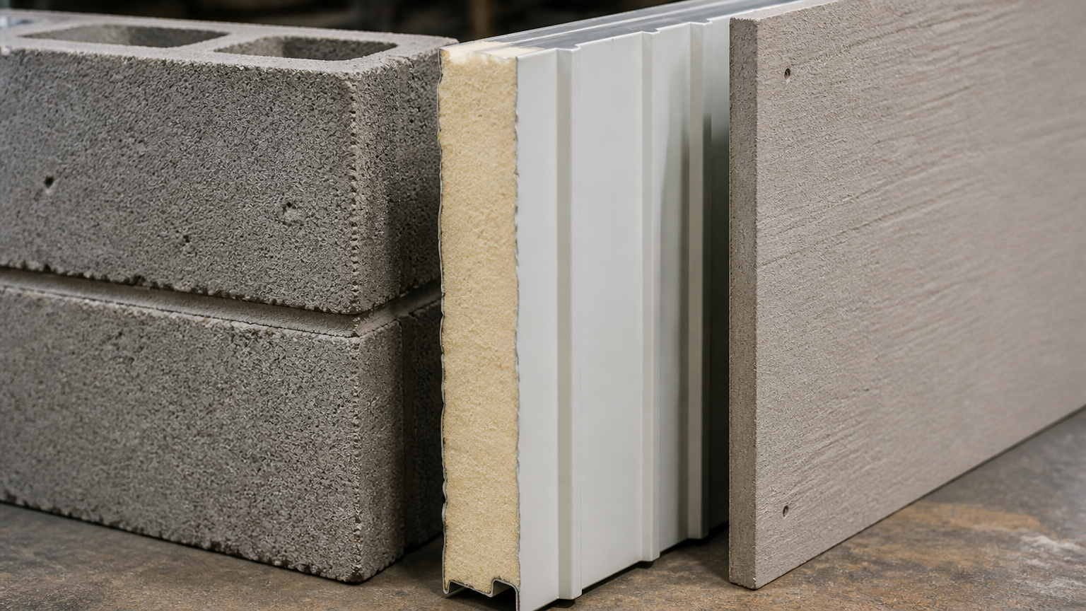 Contoh potongan material dinding Contoh potongan blok beton, panel berinti, dan papan dinding dipajang berdampingan