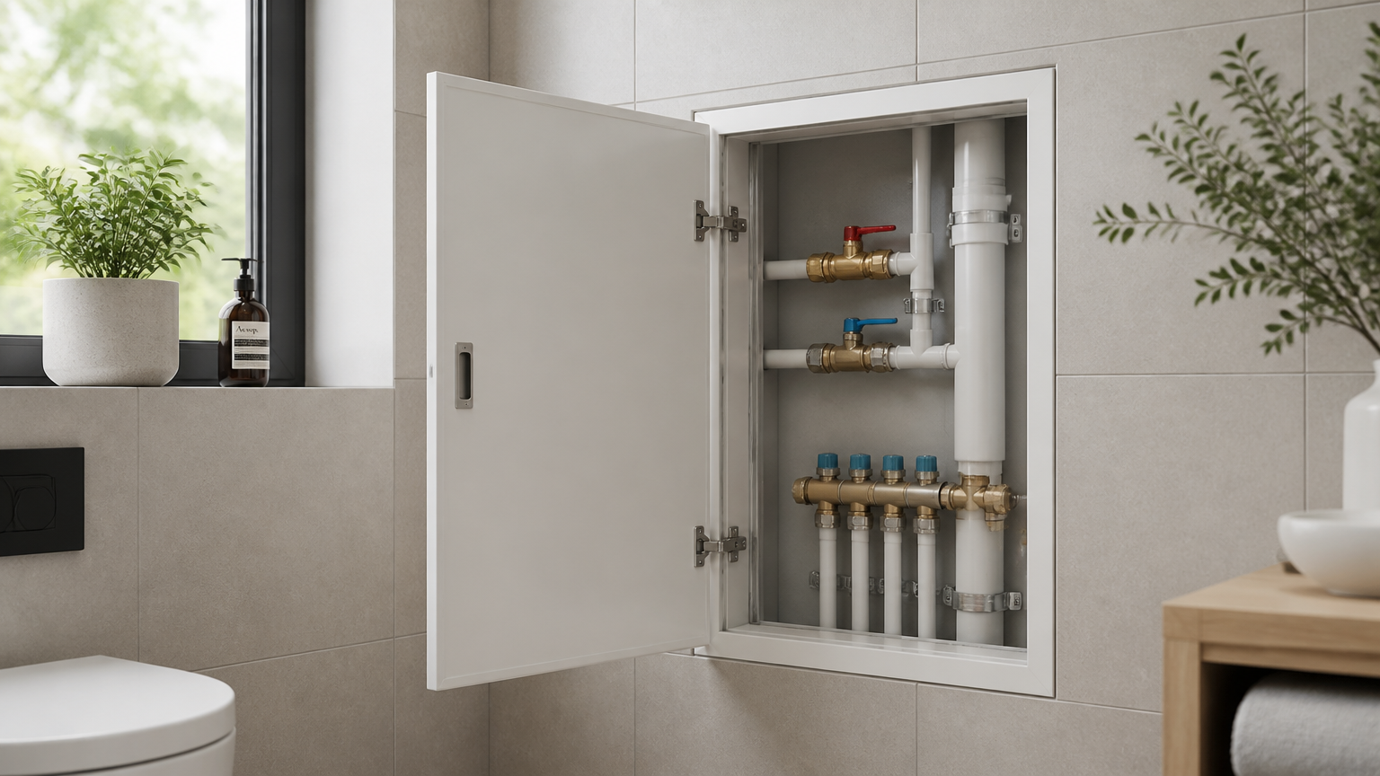 Panel akses dinding terbuka memperlihatkan katup dan manifold di samping toilet