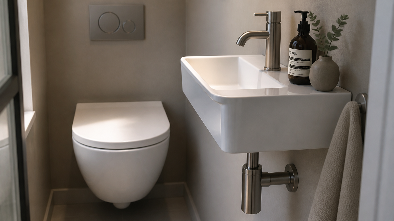 Wastafel kecil dan toilet pada kamar mandi berukuran sempit