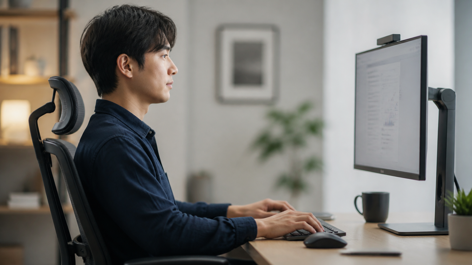 Tampak samping seseorang duduk mengetik di depan monitor meja kerja Tampak samping seseorang duduk mengetik di depan monitor meja kerja