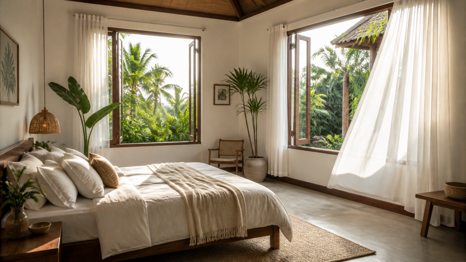 Kamar tidur dengan dua jendela terbuka dan tirai tipis Kamar tidur dengan dua jendela terbuka dan tirai tipis