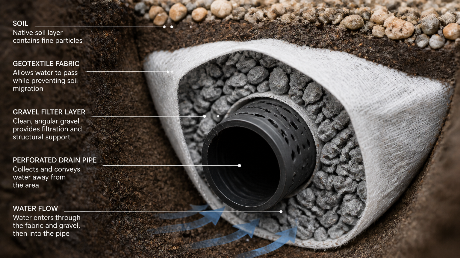 Penampang pipa drainase berlubang yang dikelilingi kerikil dan geotekstil