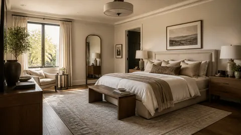 Kamar tidur bernuansa netral dengan tempat tidur, bangku, dan jalur di sekeliling furnitur
