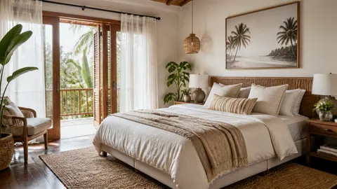 Kamar tidur dengan tirai tipis, seprai putih, dan selimut berlapis warna netral
