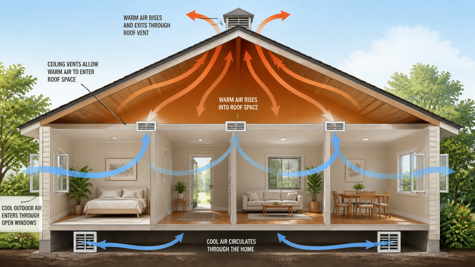 Diagram potongan rumah menunjukkan udara masuk dari bawah dan keluar melalui ventilasi puncak atap