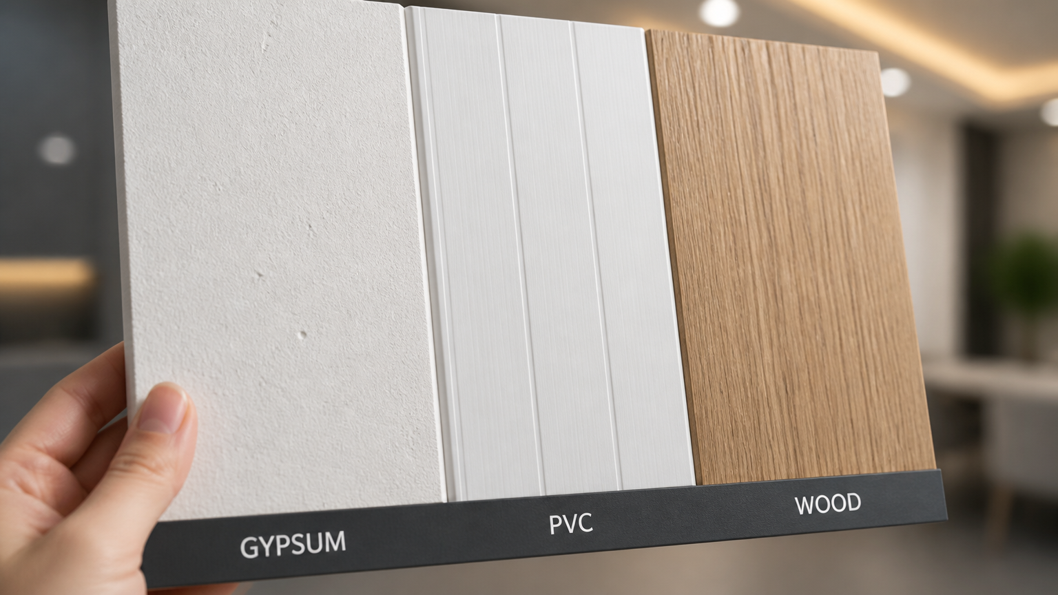 Tangan memegang contoh papan berlabel gipsum, PVC, dan kayu