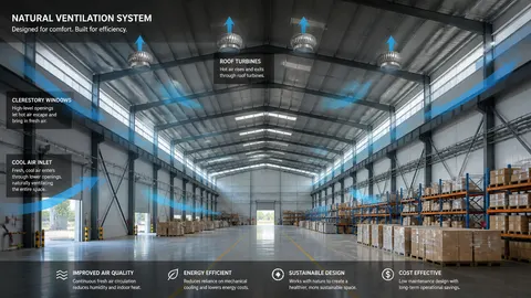 Diagram panah menunjukkan aliran udara melalui bukaan dinding dan ventilasi atap gudang