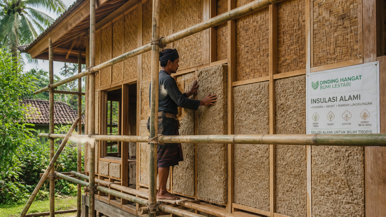 Pemasangan panel pada rangka kayu Pekerja memasang panel berserat pada rangka dinding kayu di atas perancah bambu